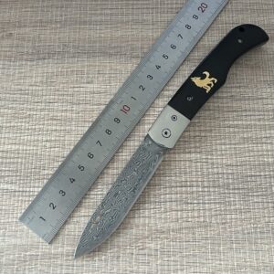 wholesale Artisan Damascus Folding Knife Black Grip + Gold Animal Inlay Crafted for Standout Style