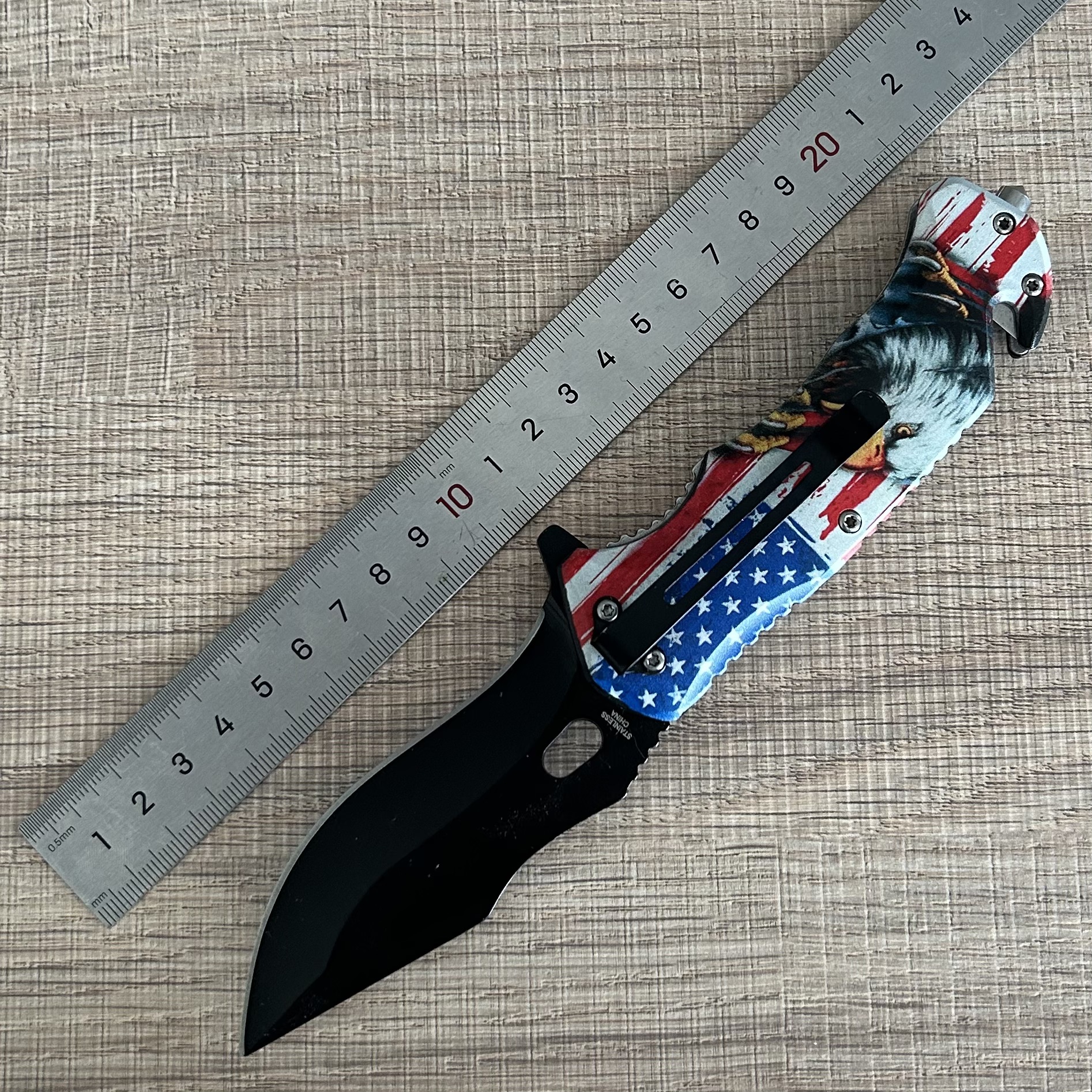 wholesale 4.75" USA Eagle Folding Pocket Knife – Patriotic EDC Folding Knife with 3.5"Black Blade, American Flag ABS Handle, Belt Clip, Glass Breaker & Seat Belt Cutter for Outdoor Use